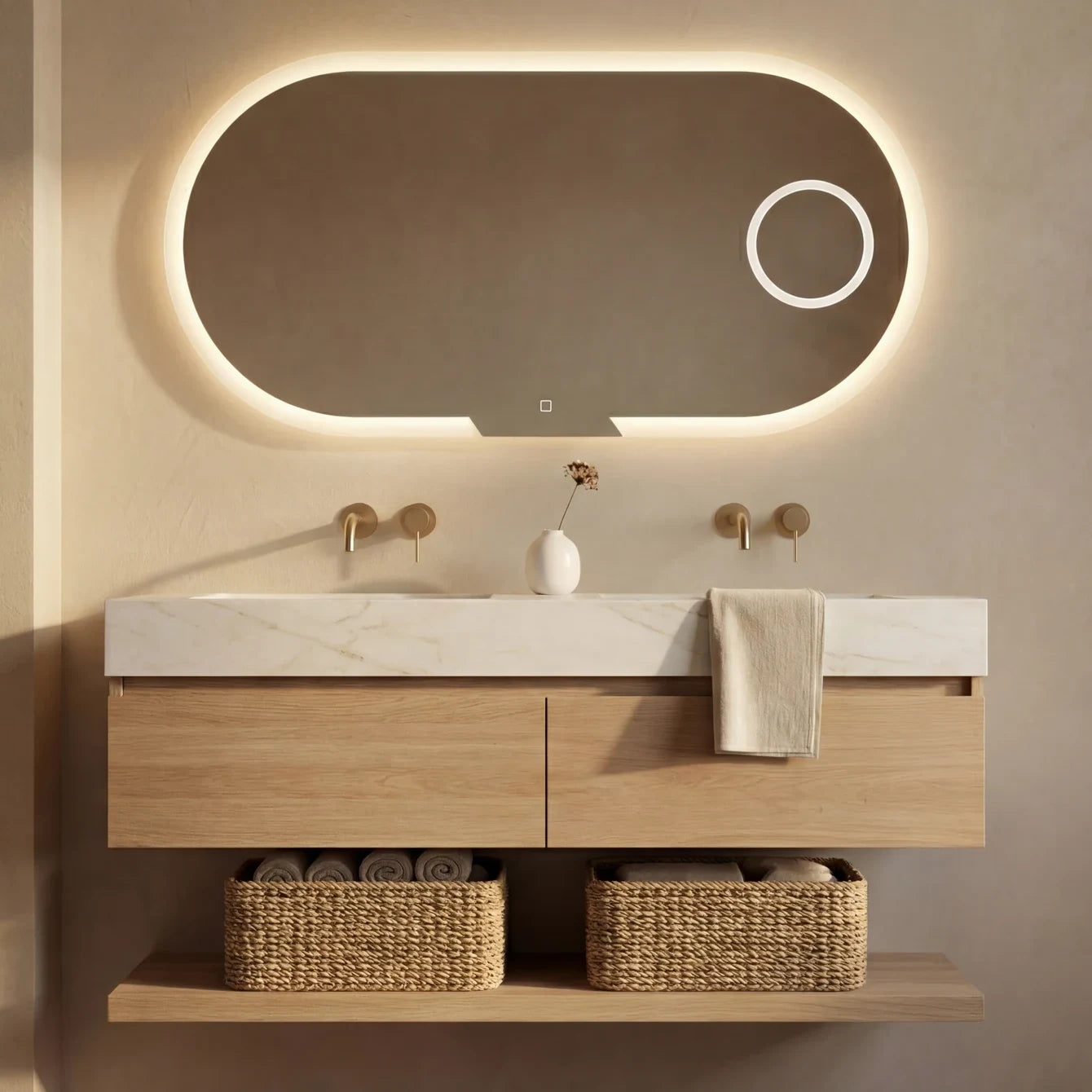 Claris EVOLUTION 47 by 23.5 inch frosted-frame backlit LED bathroom mirror with integrated 5x magnifier, Radiance Collection
