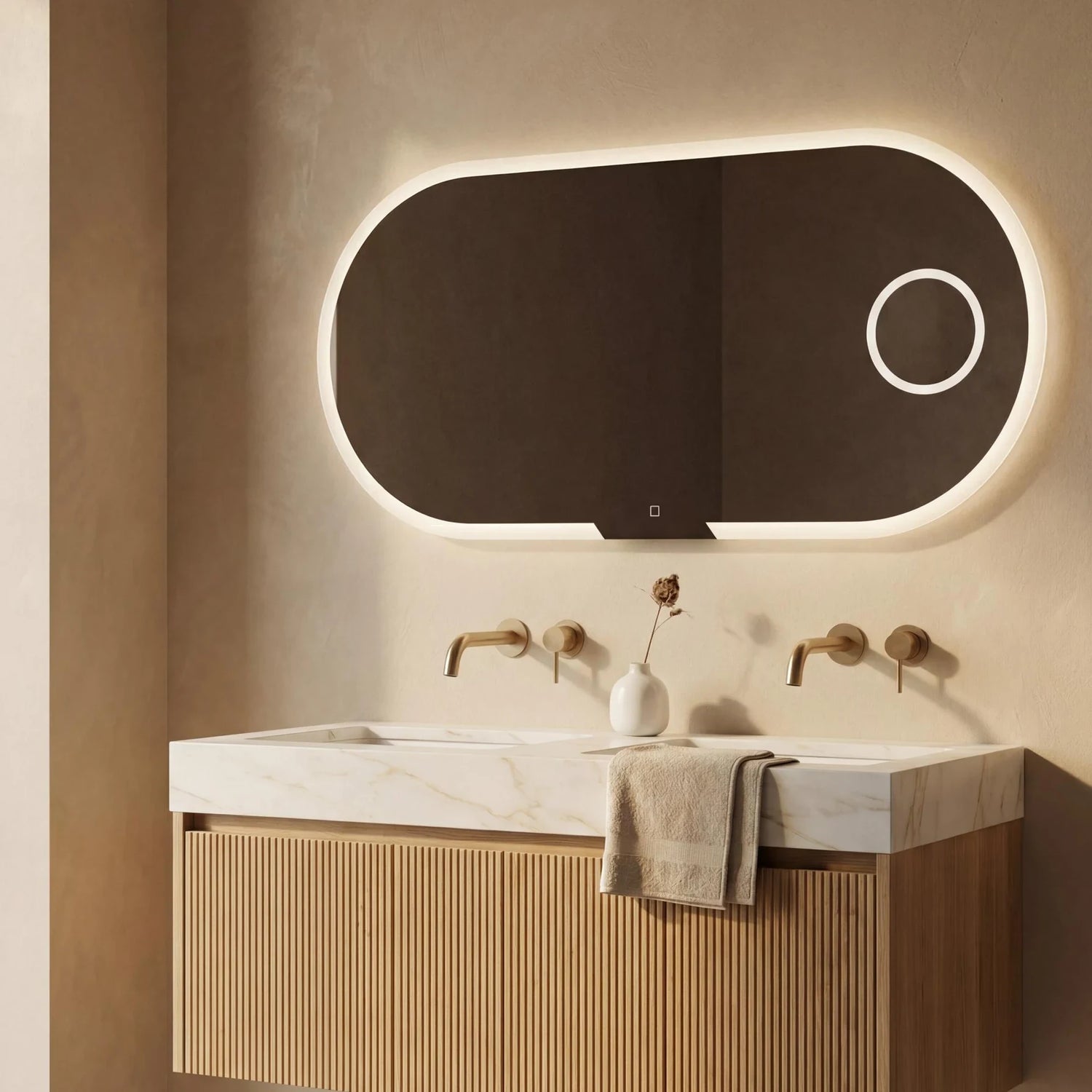 Claris EVOLUTION 47 by 23.5 inch frosted-frame backlit LED bathroom mirror with integrated 5x magnifier, Radiance Collection