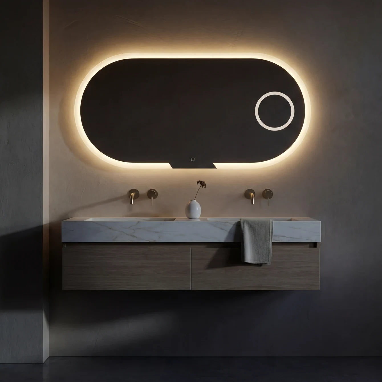 Claris EVOLUTION 47 by 23.5 inch frosted-frame backlit LED bathroom mirror with integrated 5x magnifier, Radiance Collection