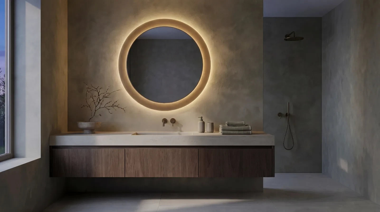GIGI mirror in a bathroom, hero view, Gemini Collection. Claris Company.