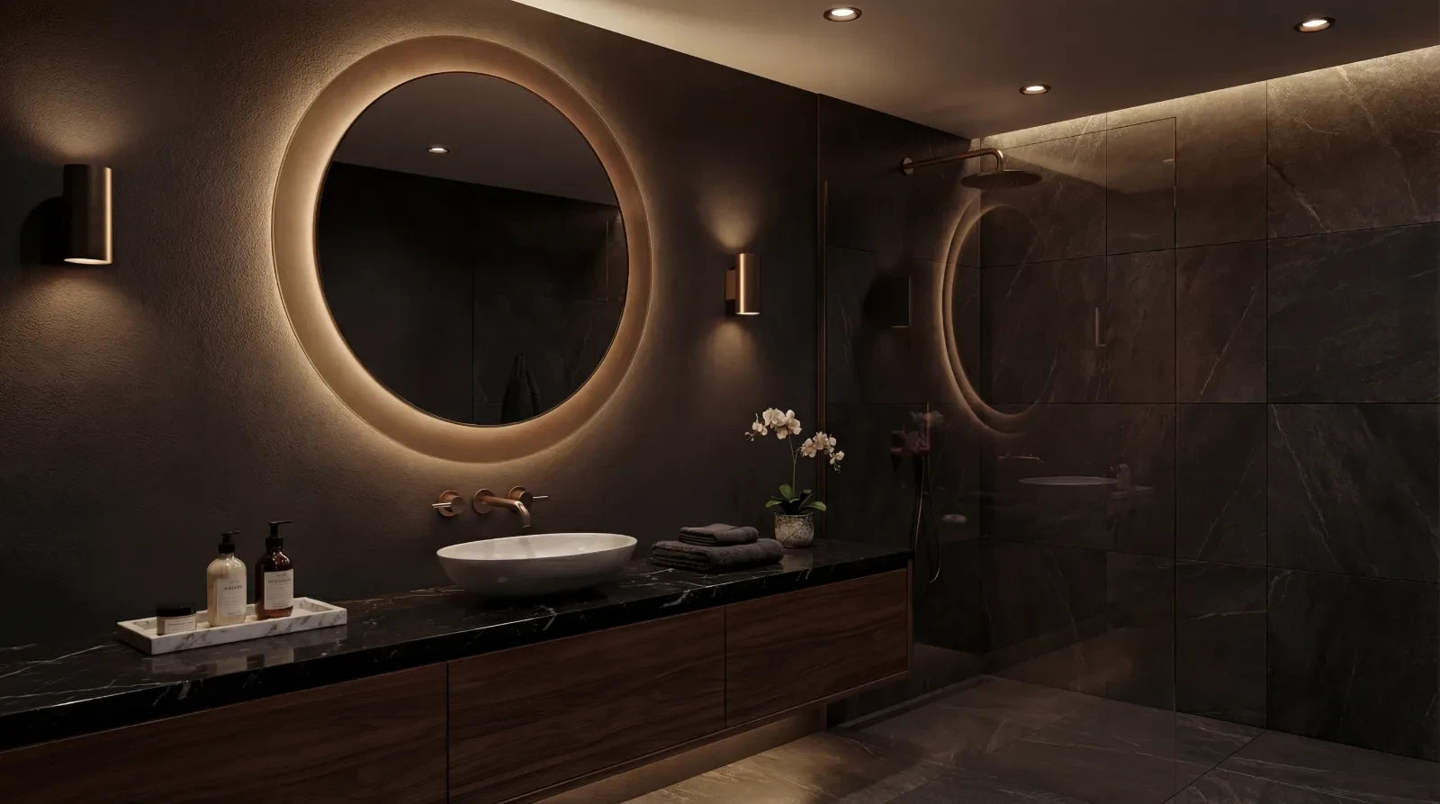 GIGI mirror in a bathroom, hero view, Gemini Collection. Claris Company.