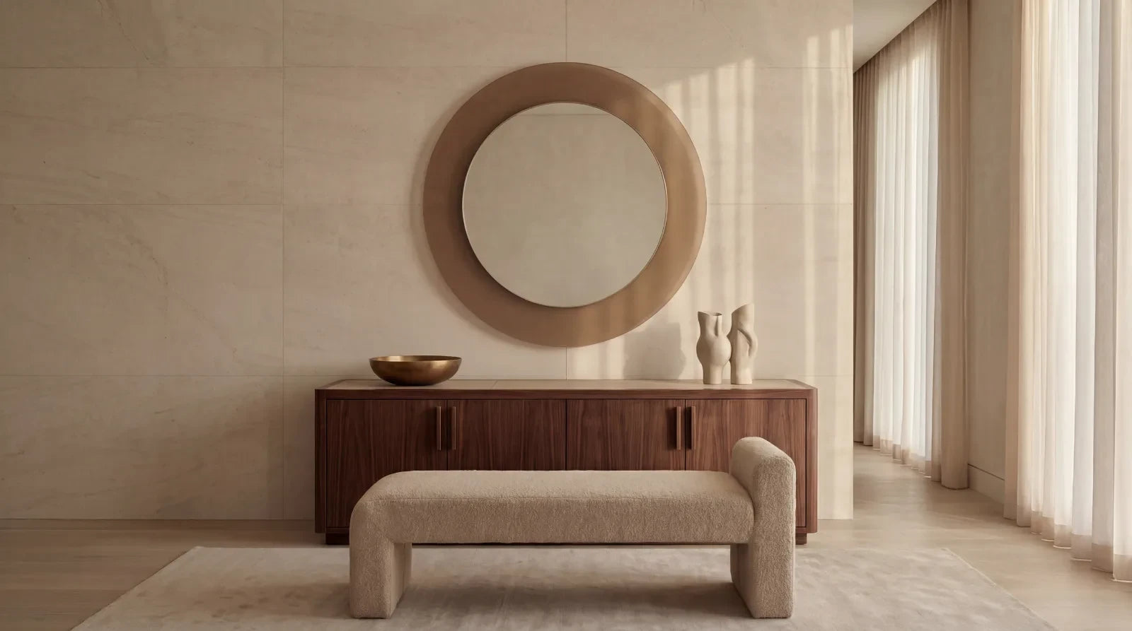 GIGI mirror in a home-living interior, hero view, Gemini Collection. Claris Company.