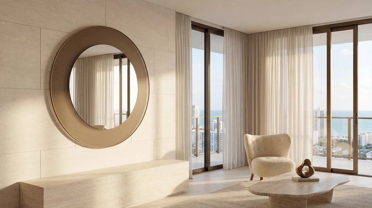 GIGI round mirror in bronze frosted finish, coastal penthouse with ocean view through floor-to-ceiling windows. Claris Company.