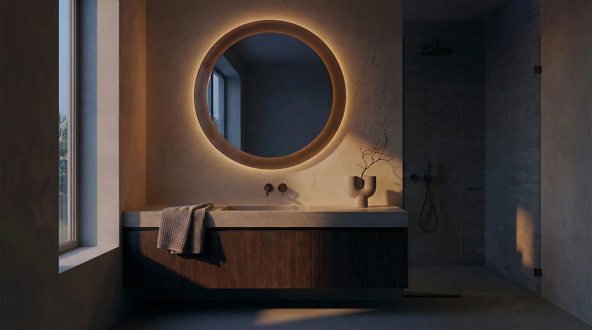 GIGI round mirror in bronze frosted finish, hero composition. Claris Company.