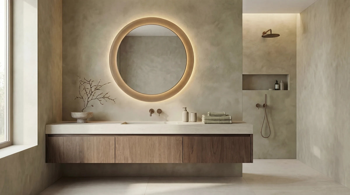 Claris GIGI round mirror in a living space, Gemini Collection, wide view
