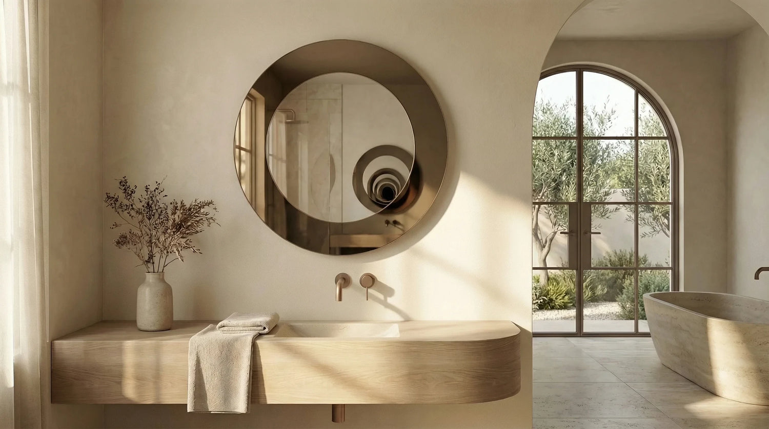 Claris GIGI round mirror in a bathroom by the window, Gemini Collection, wide view