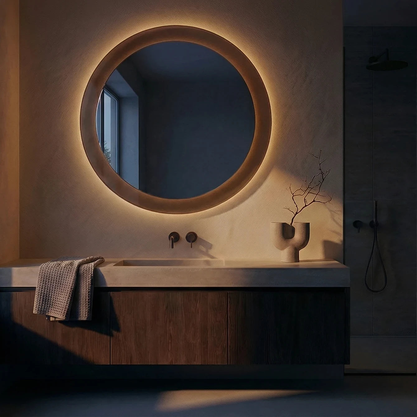 GIGI mirror in a bathroom, Gemini Collection. Claris Company.