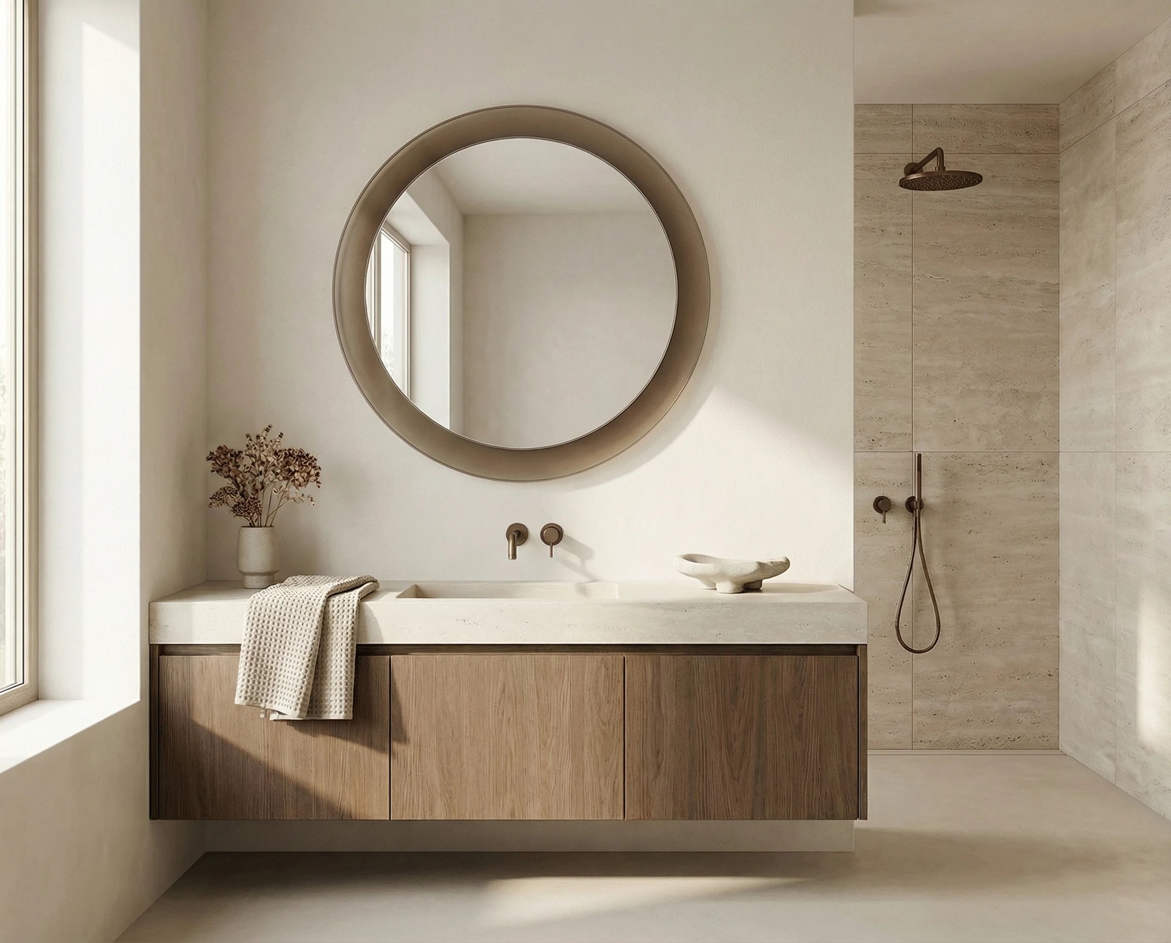 GIGI mirror in a bathroom, Gemini Collection. Claris Company.