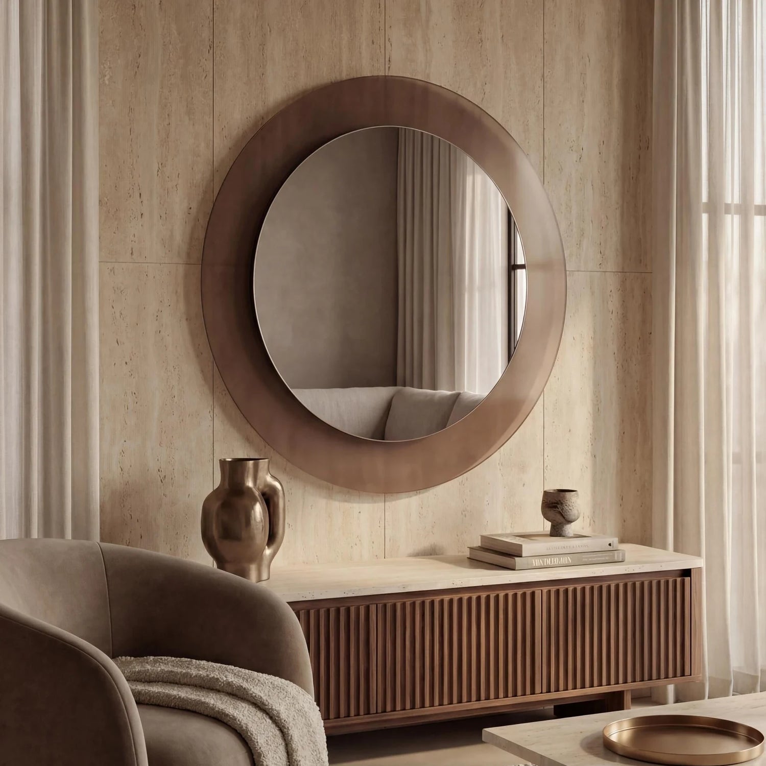 GIGI mirror in a home-living interior, Gemini Collection. Claris Company.