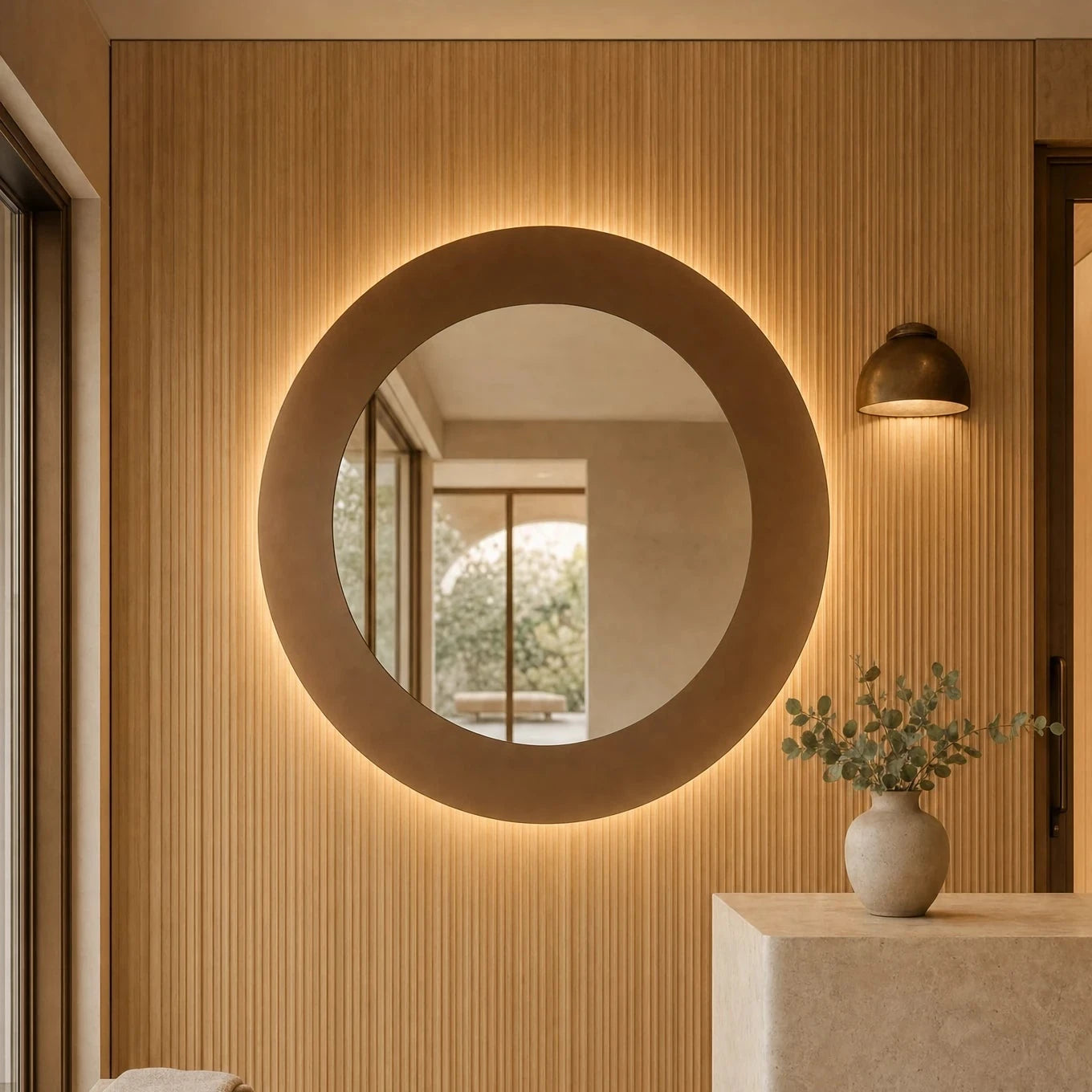Claris GIGI STUDIO large-format round mirror with bronze frosted ring, backlit, in a wellness hotel reception, Studio Line