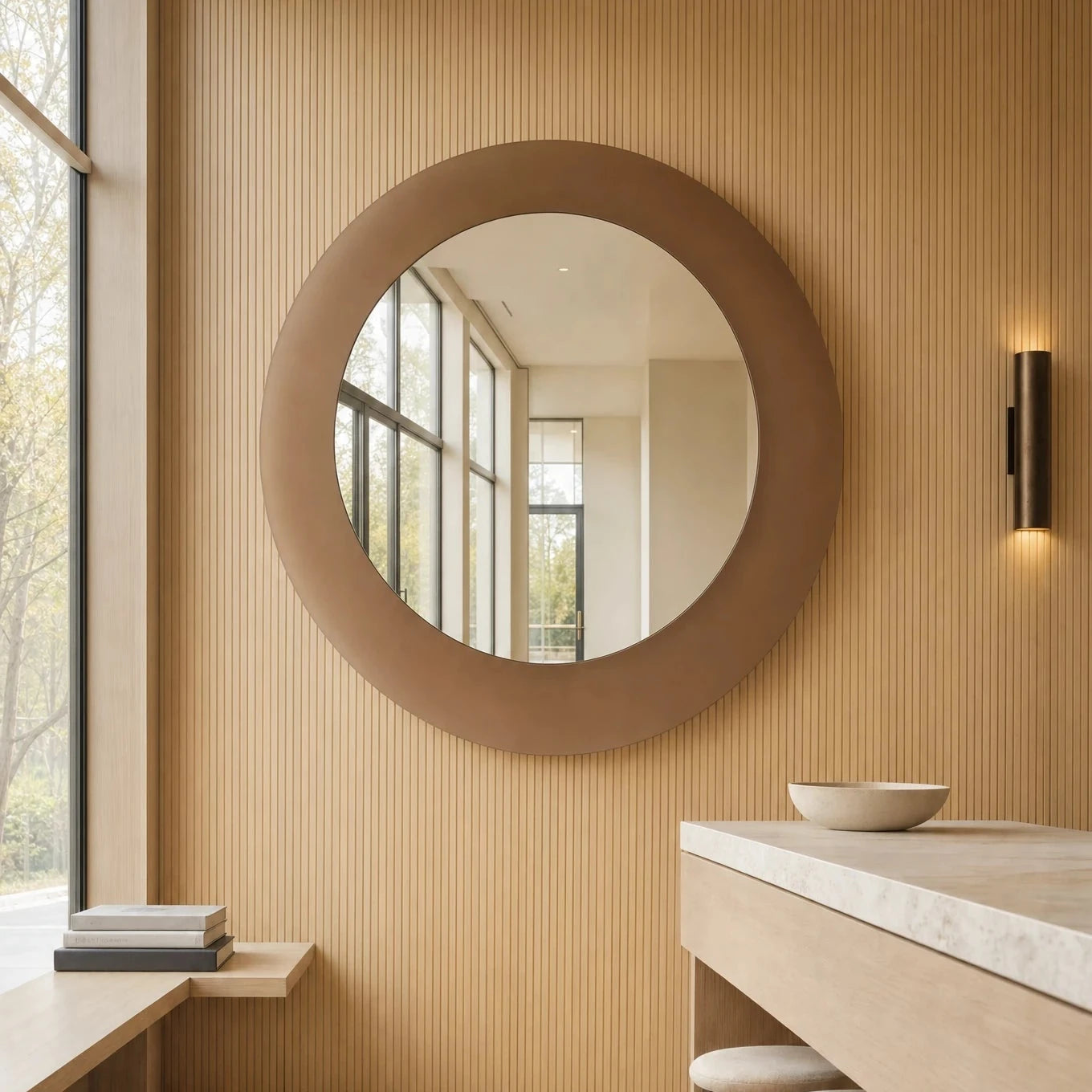 Claris GIGI STUDIO large-format round mirror with bronze frosted ring, unlit, in a design studio reception, Studio Line