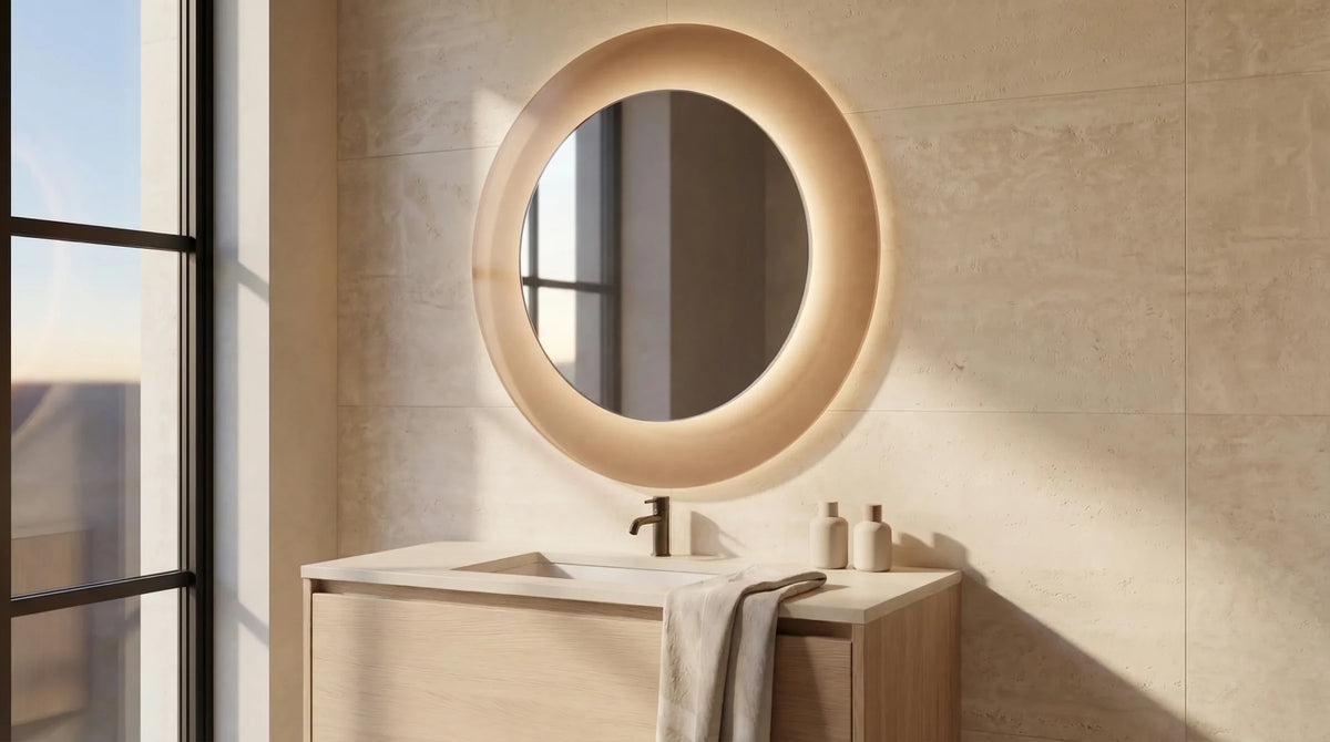 Claris GIGI round mirror above a vanity, Gemini Collection, wide view