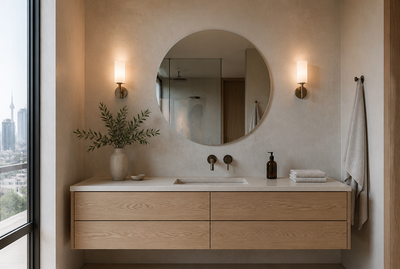 ASOLA 36 inch frameless round mirror above a white oak vanity
