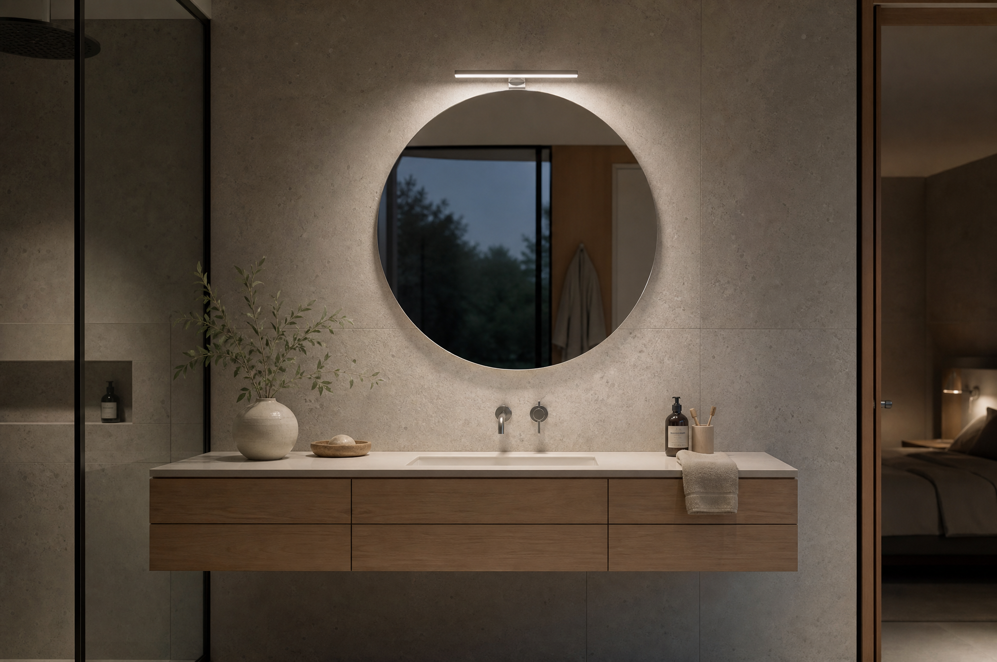 ASOLA with chrome LED light above a vanity at dusk