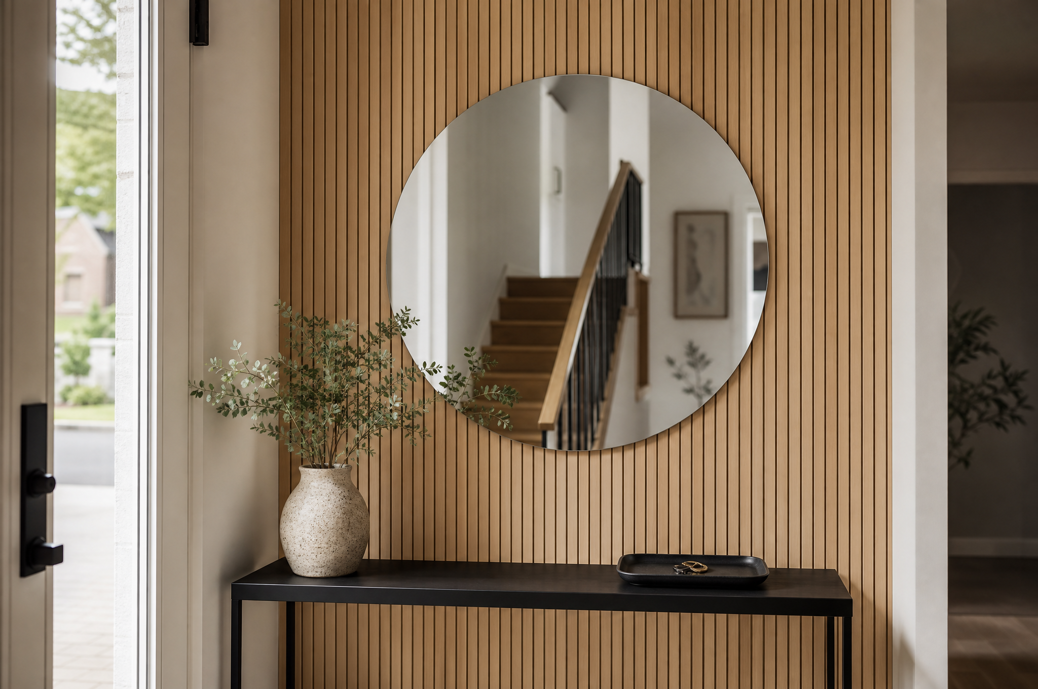 ASOLA round mirror above an entryway console