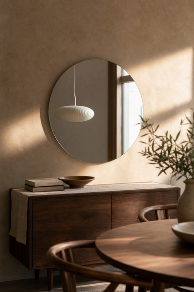 ASOLA round mirror above a walnut sideboard