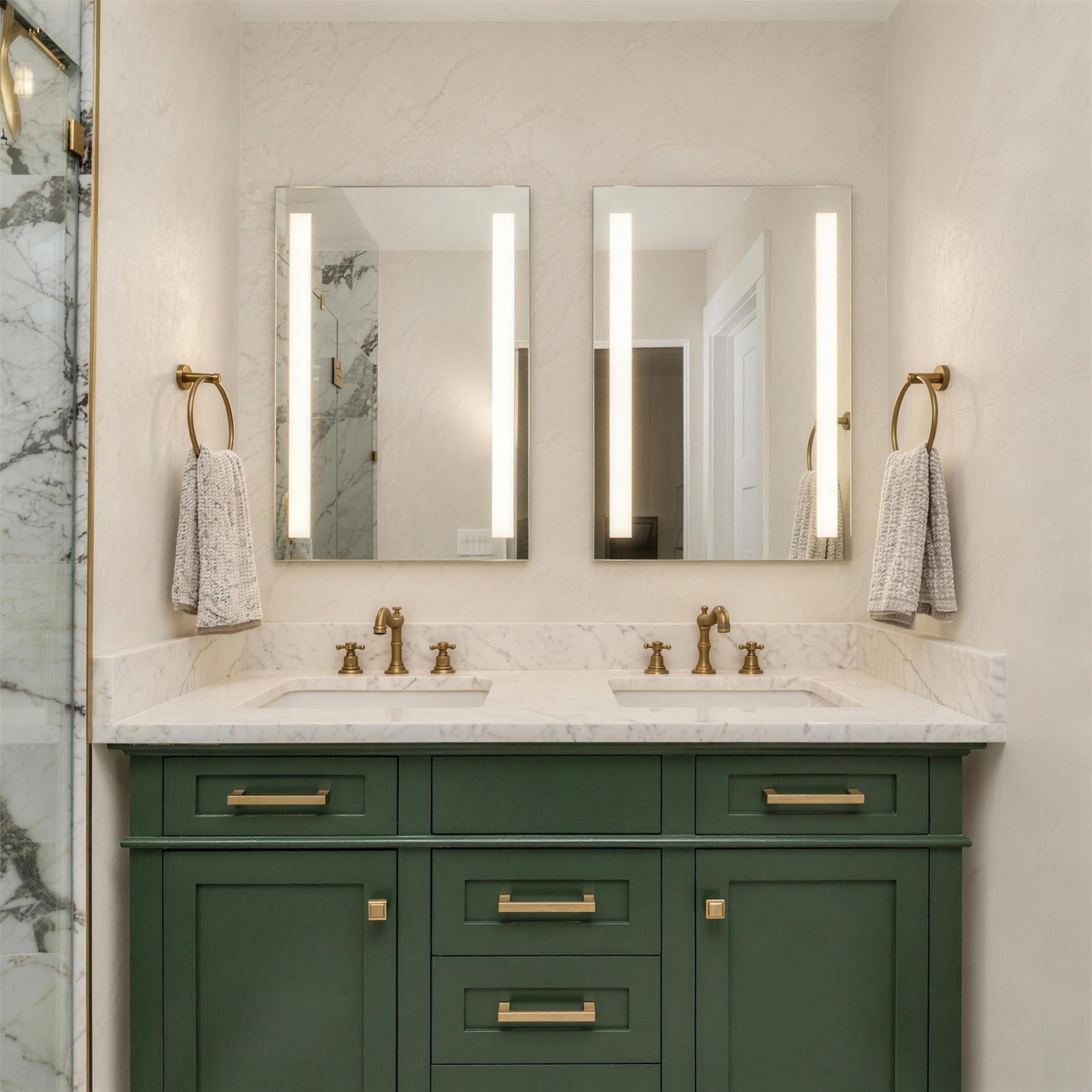 Two Claris LUGO LED mirrors above a green shaker double vanity with brass taps