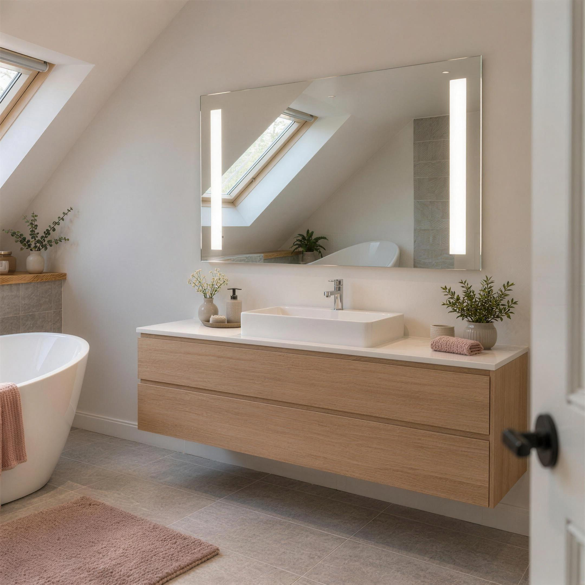 Claris LUGO LED mirror hung horizontally above an oak vanity in an attic bathroom with skylights
