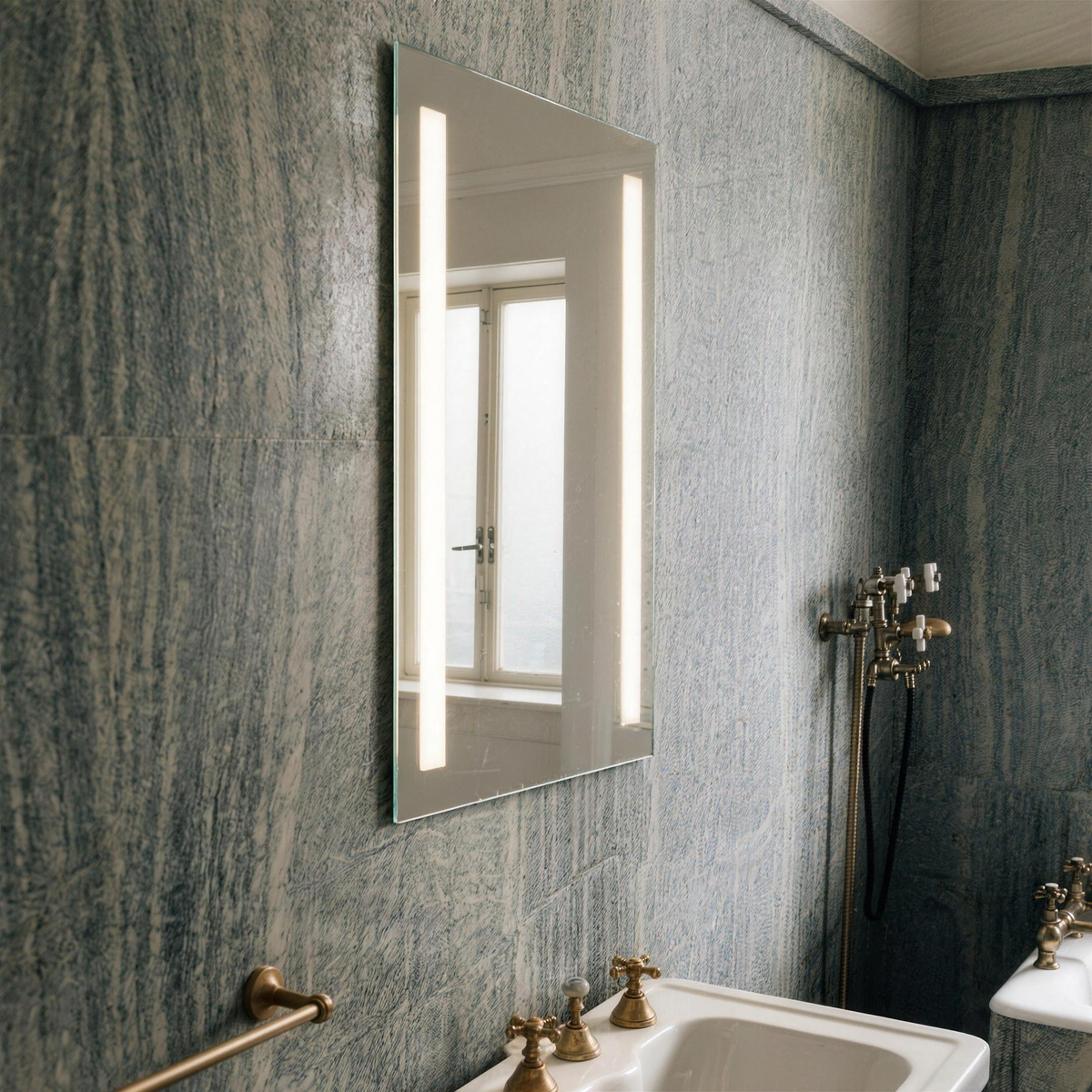 Claris LUGO LED mirror on green veined marble above a vintage pedestal basin