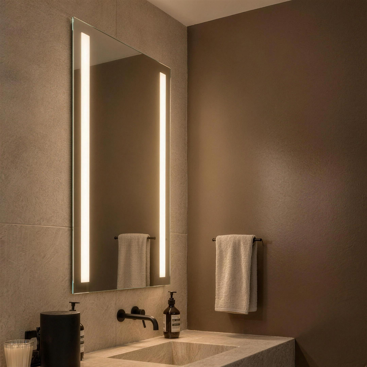 Claris LUGO LED mirror with two vertical light bars above a quartzite basin