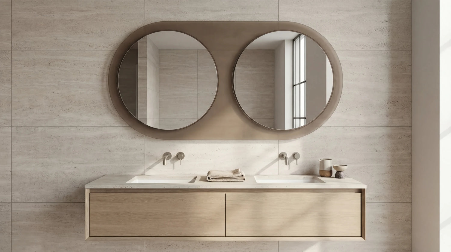 Claris JUMEAU mirror above a double vanity, Gemini Collection, wide view