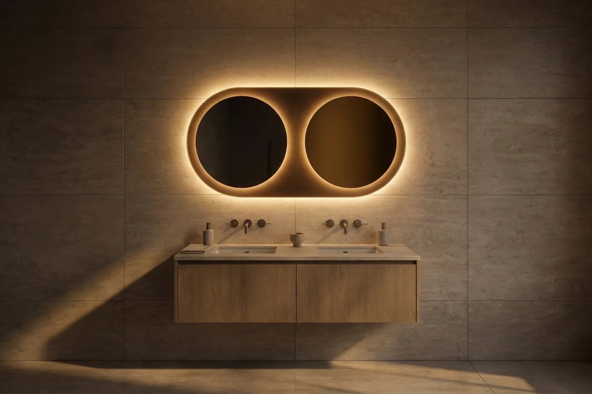 JUMEAU mirror in a home-living interior, hero view, Gemini Collection. Claris Company.