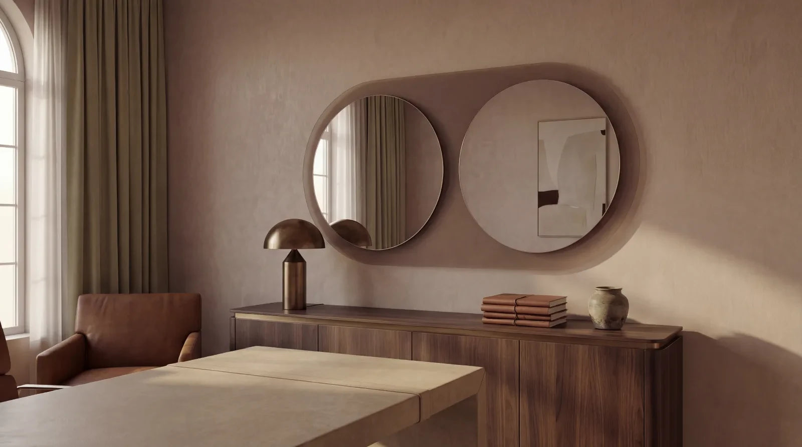 JUMEAU mirror in a home-living interior, hero view, Gemini Collection. Claris Company.