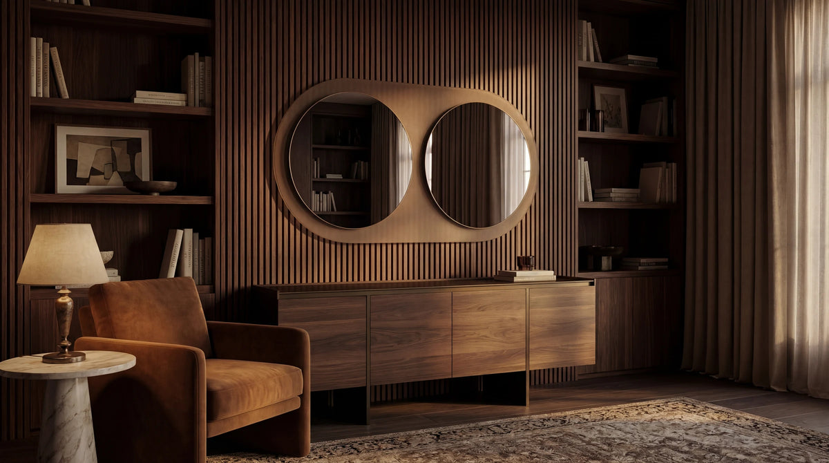 JUMEAU dual-round aperture mirror in bronze frosted finish, residential lifestyle. Claris Company.