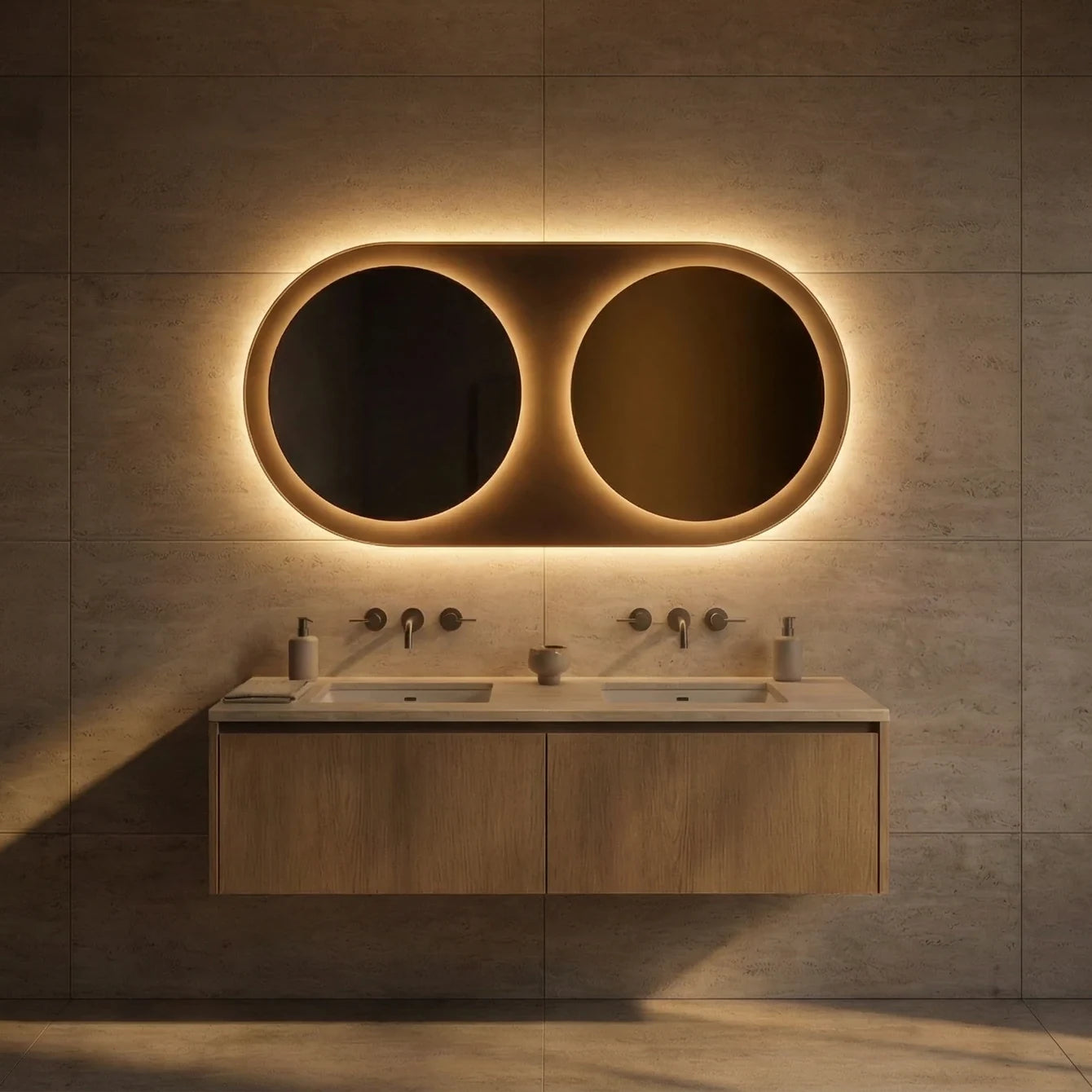 JUMEAU mirror in a bathroom, Gemini Collection. Claris Company.