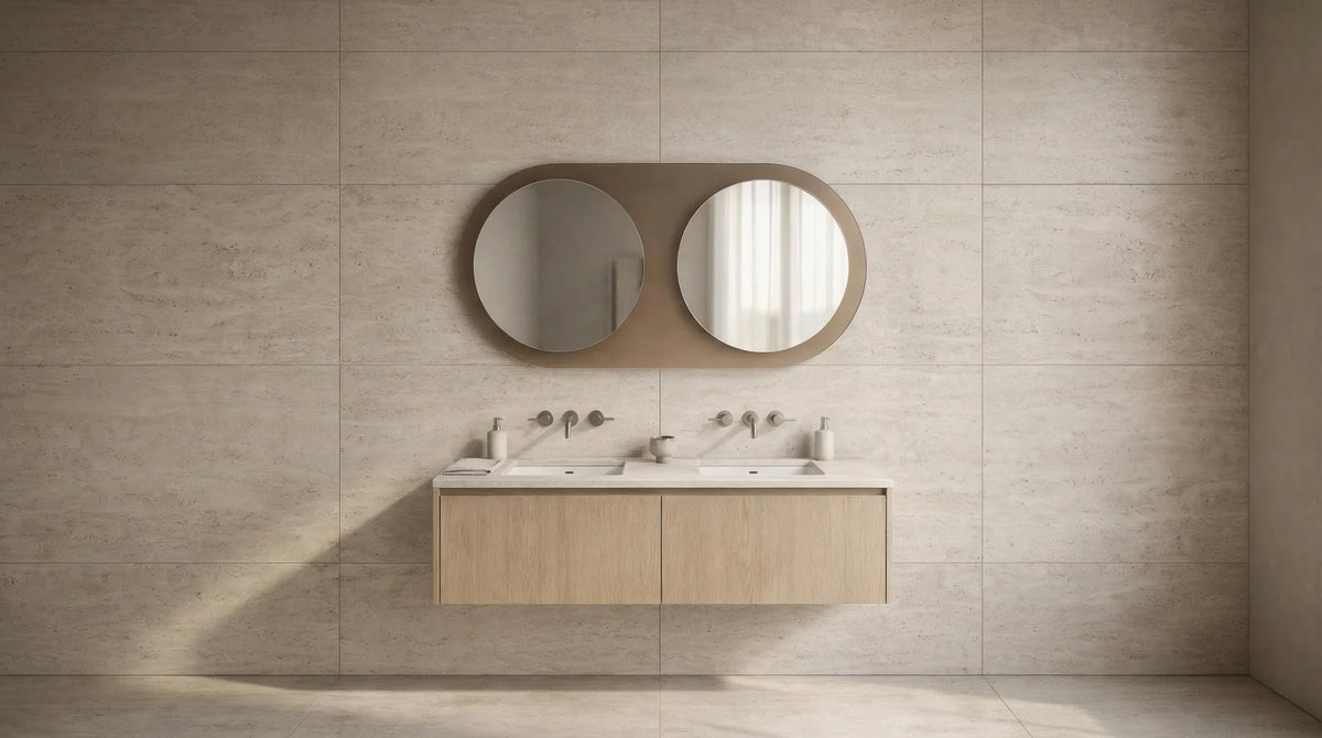 Claris JUMEAU mirror above a vanity, Gemini Collection, wide view