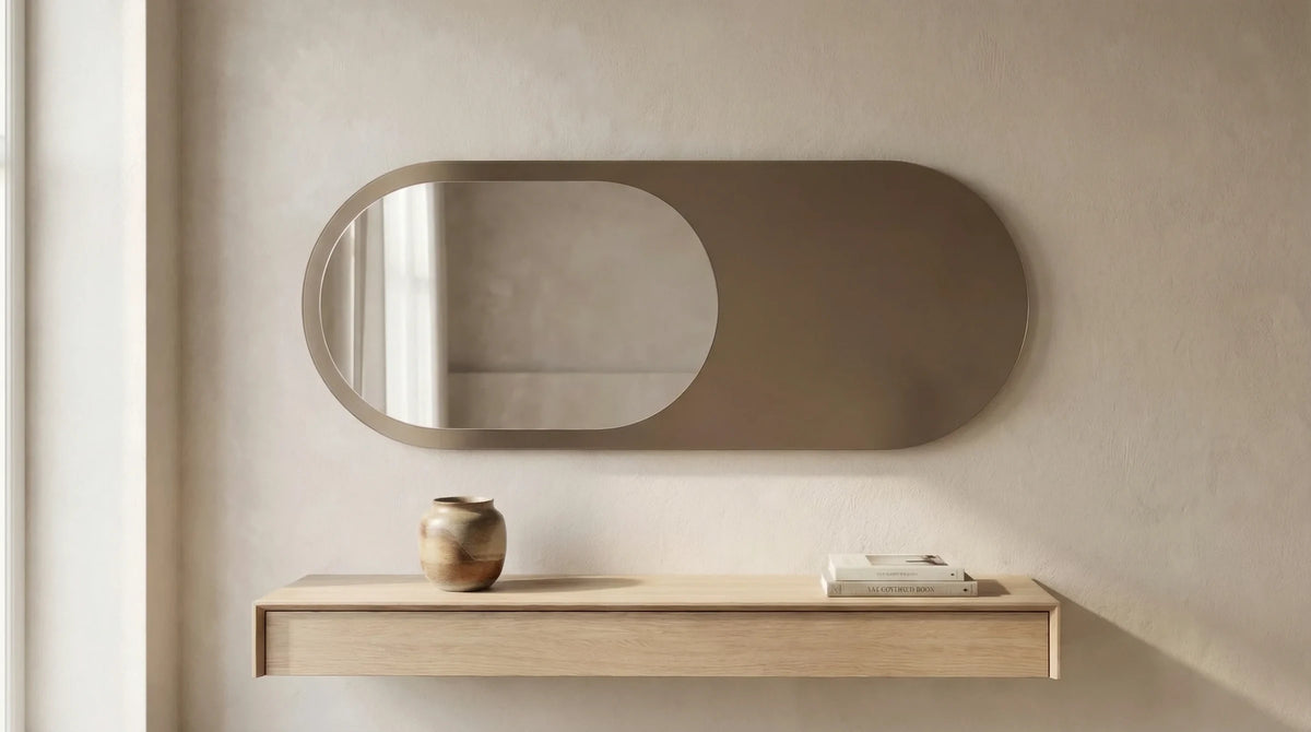 Claris LEDA mirror above a console, Gemini Collection, wide view