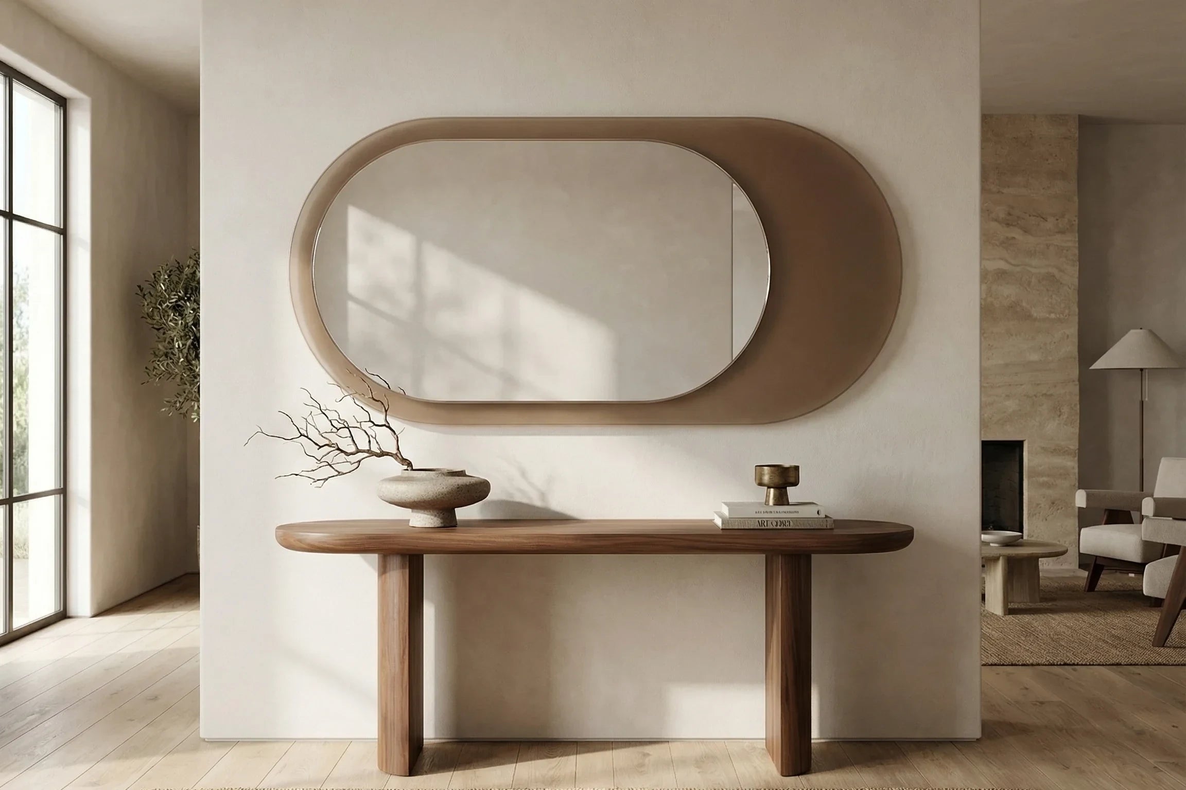 LEDA mirror in a home-living interior, hero view, Gemini Collection. Claris Company.