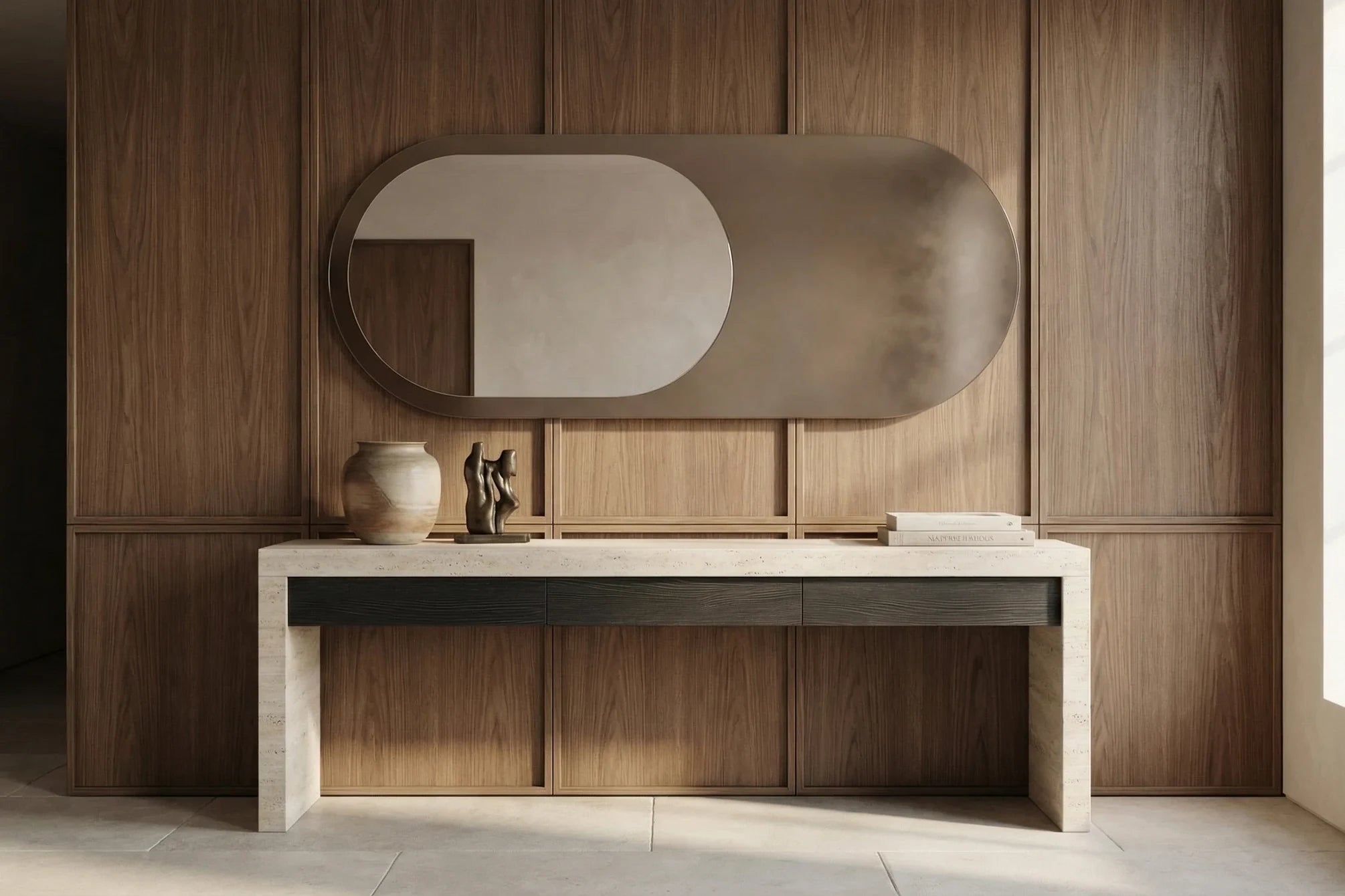 LEDA mirror in a home-living interior, hero view, Gemini Collection. Claris Company.