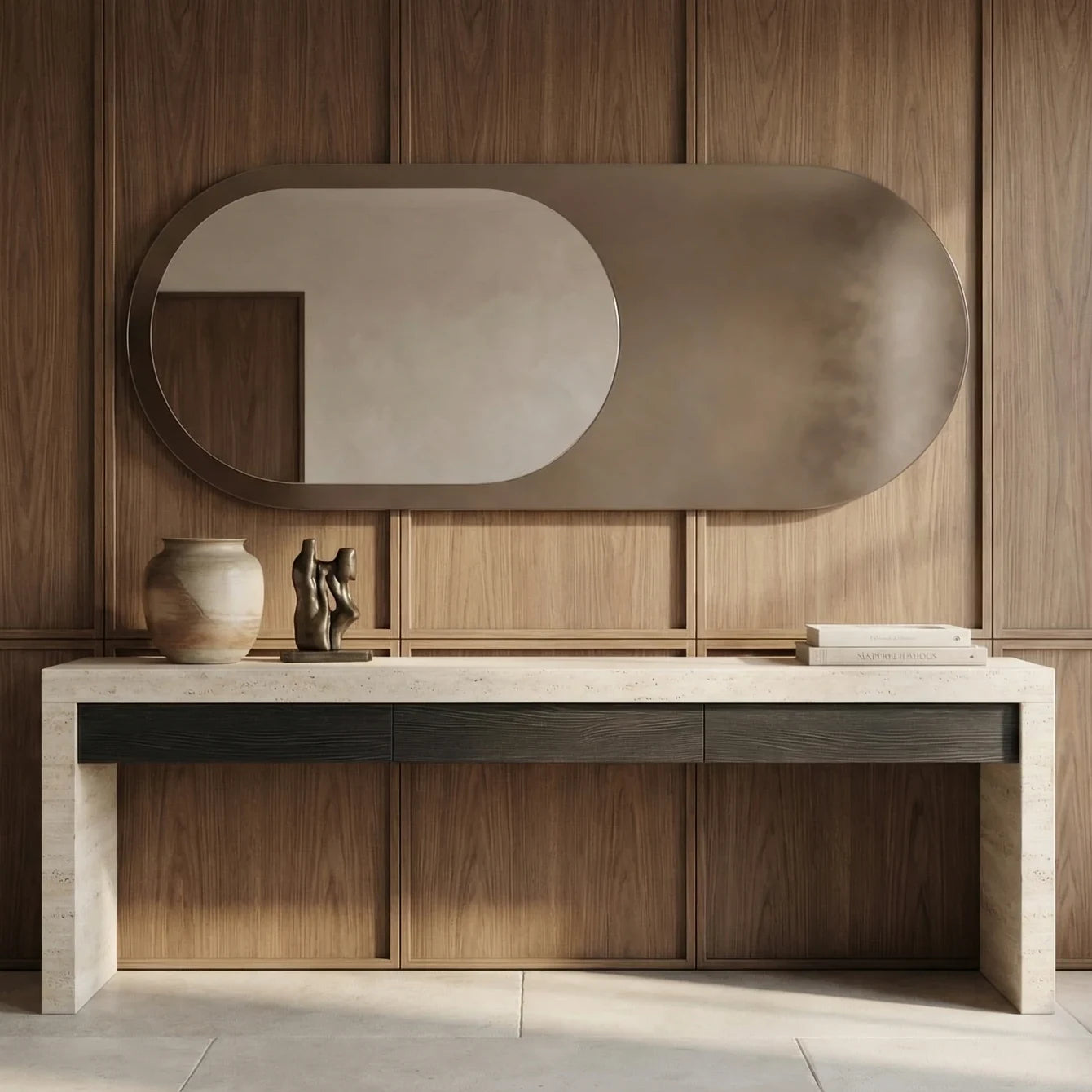 LEDA mirror in a home-living interior, Gemini Collection. Claris Company.