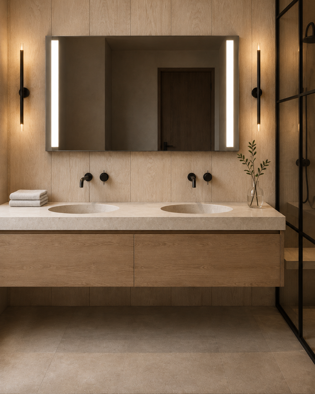 Claris LUGO LED mirror, limed oak bath, Radiance Collection