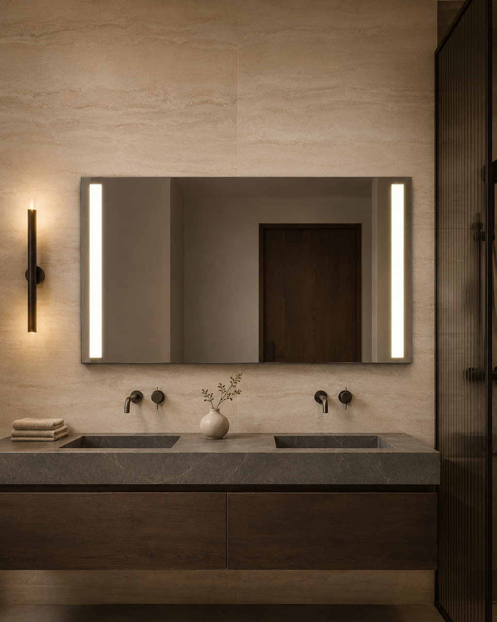 Claris LUGO LED mirror, pale sandstone bath, Radiance Collection