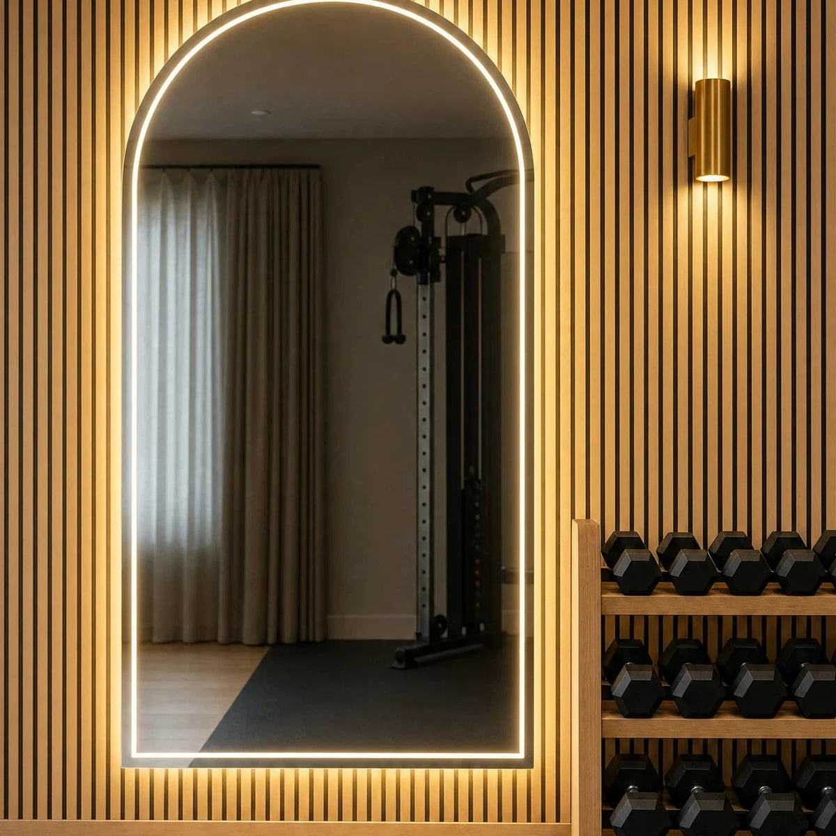 Claris MARLOWE STUDIO front-lit arched mirror in a private home gym, Studio Line
