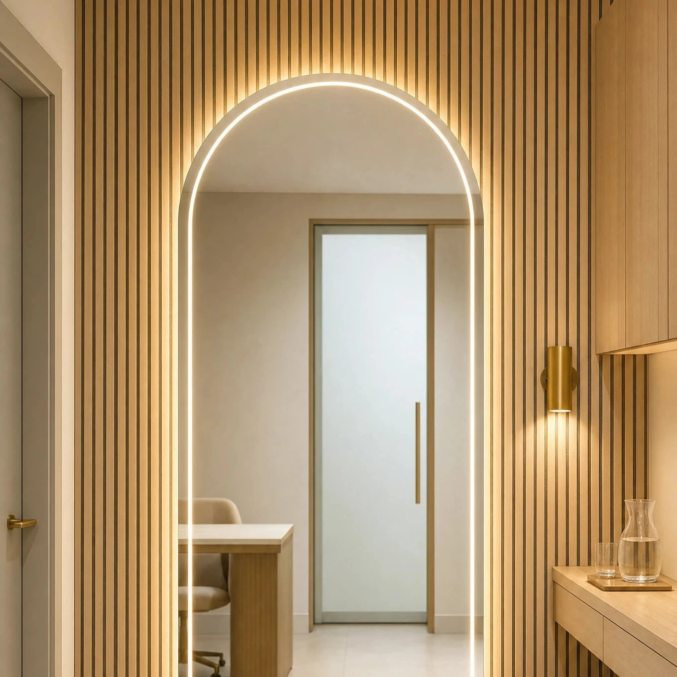 Claris MARLOWE STUDIO front-lit arched mirror in an aesthetic clinic consultation room, Studio Line
