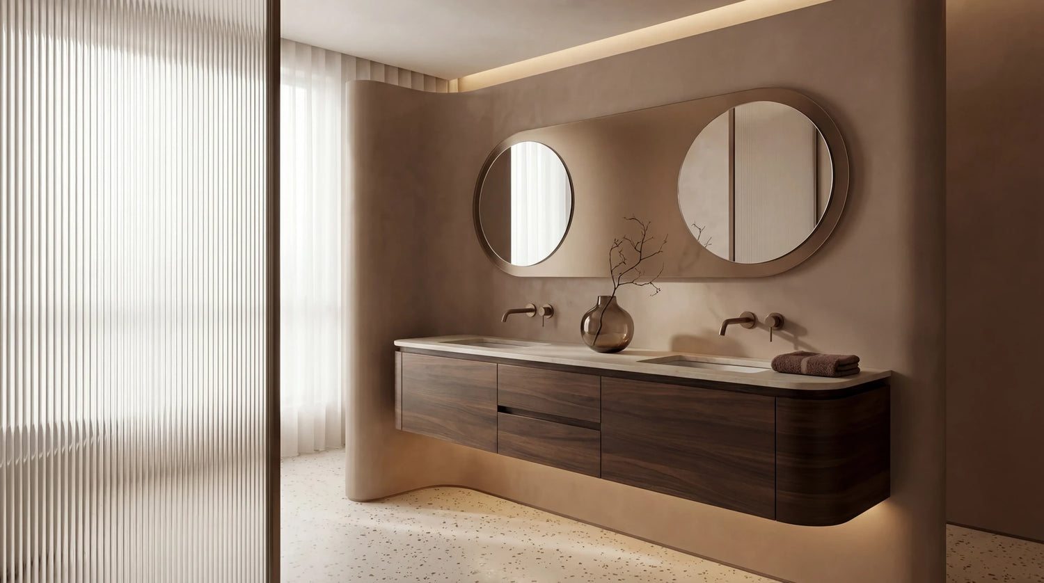 Claris MERCURE mirror above a double vanity, Gemini Collection, wide view