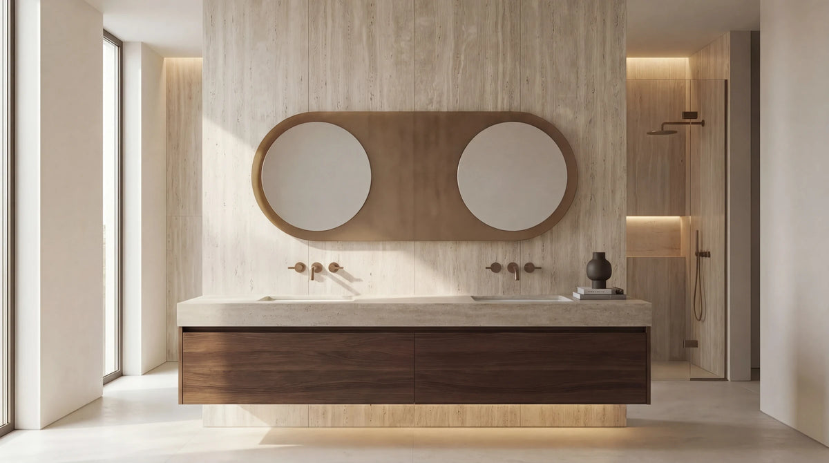 Claris MERCURE mirror above a double vanity by the window, Gemini Collection, wide view