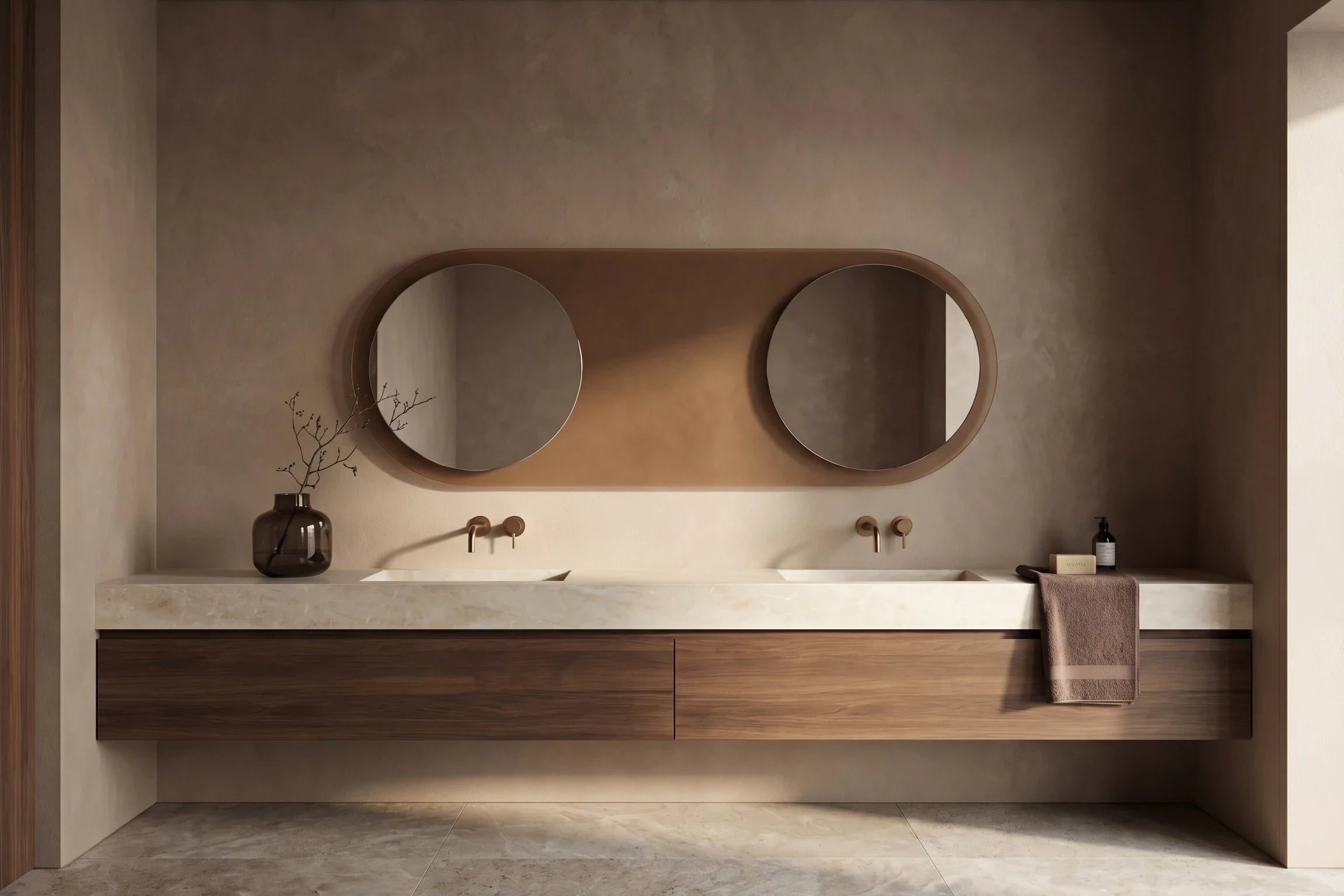 MERCURE mirror in a bathroom, hero view, Gemini Collection. Claris Company.