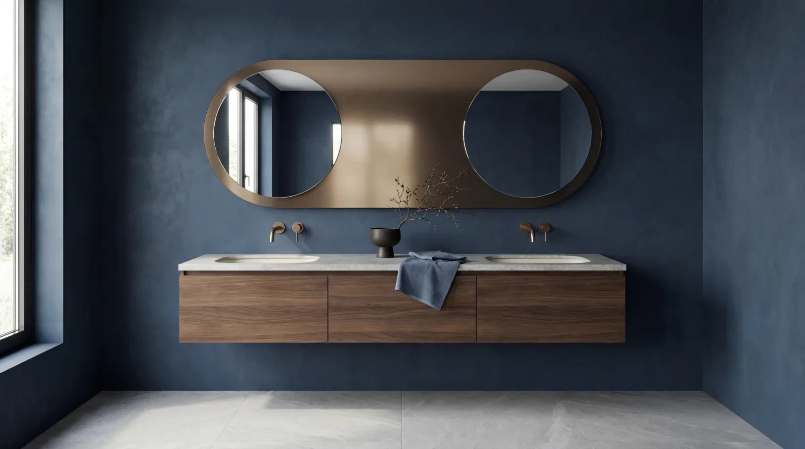 MERCURE mirror in a bathroom, hero view, Gemini Collection. Claris Company.