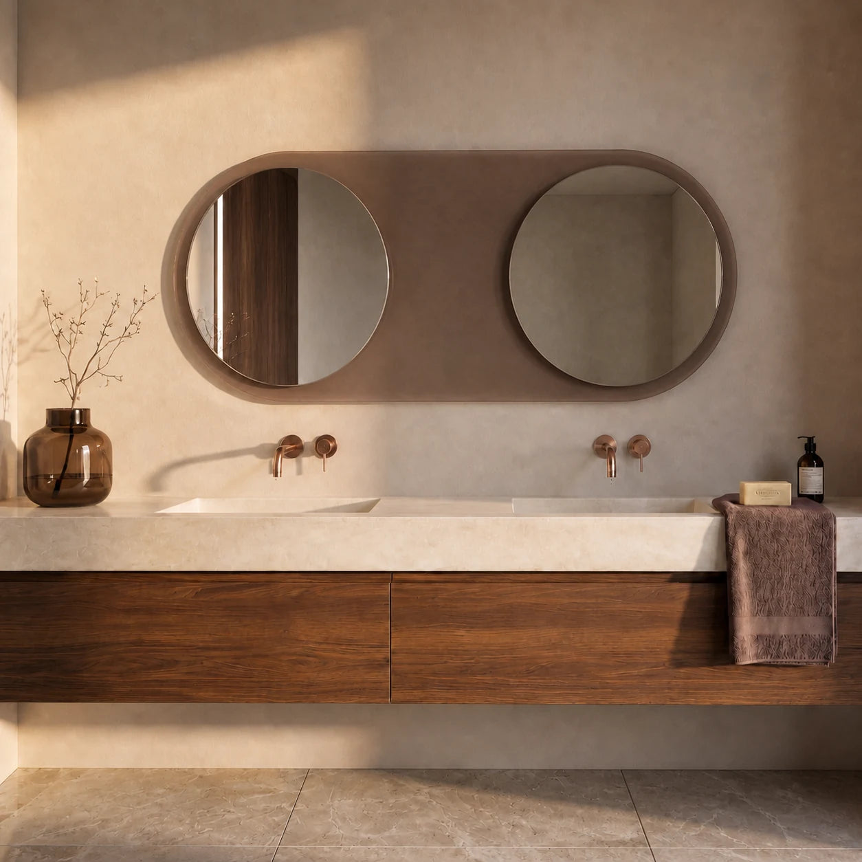 MERCURE mirror in a bathroom, Gemini Collection. Claris Company.