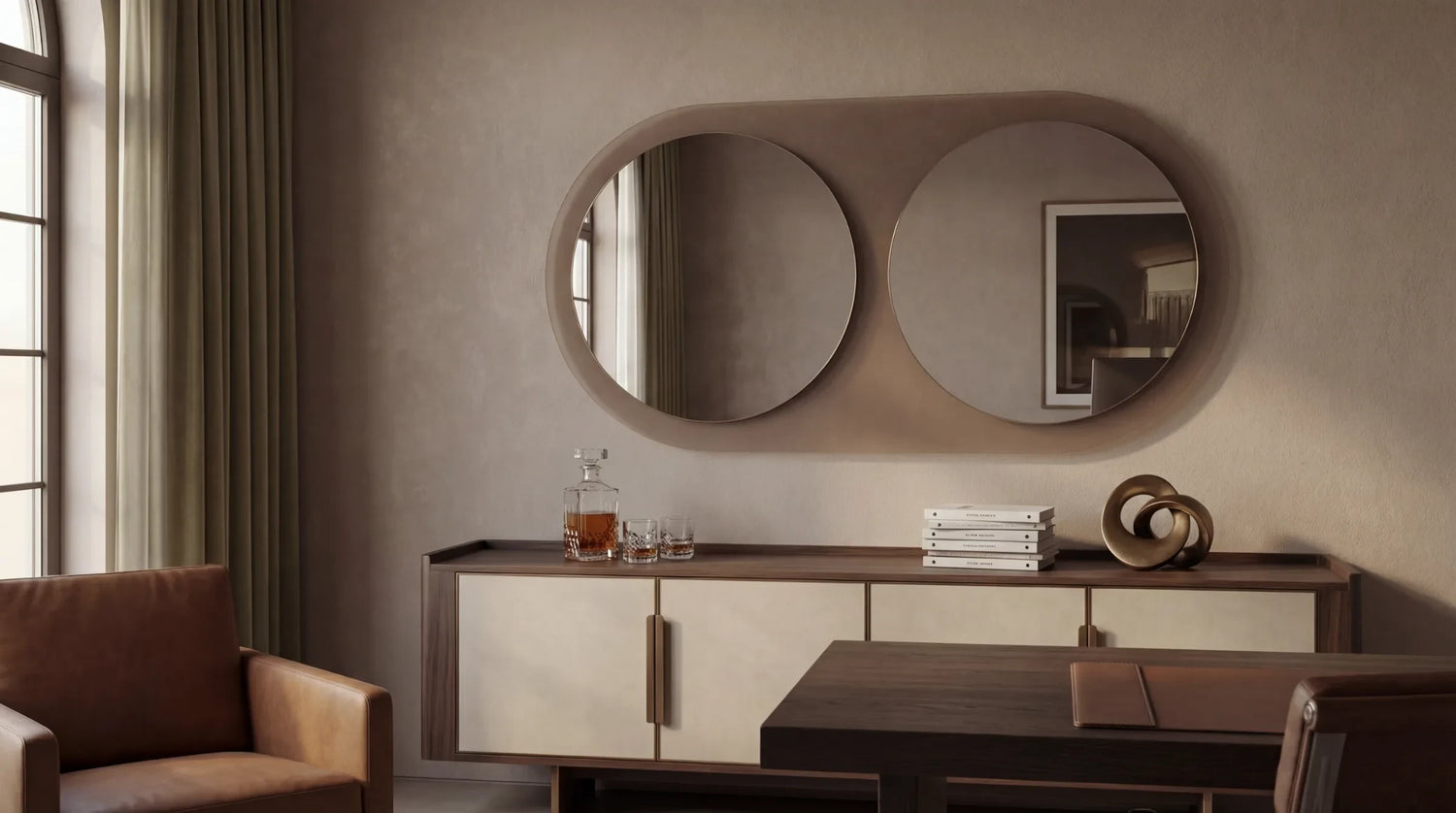 Claris MERCURE mirror in a study, Gemini Collection, wide view