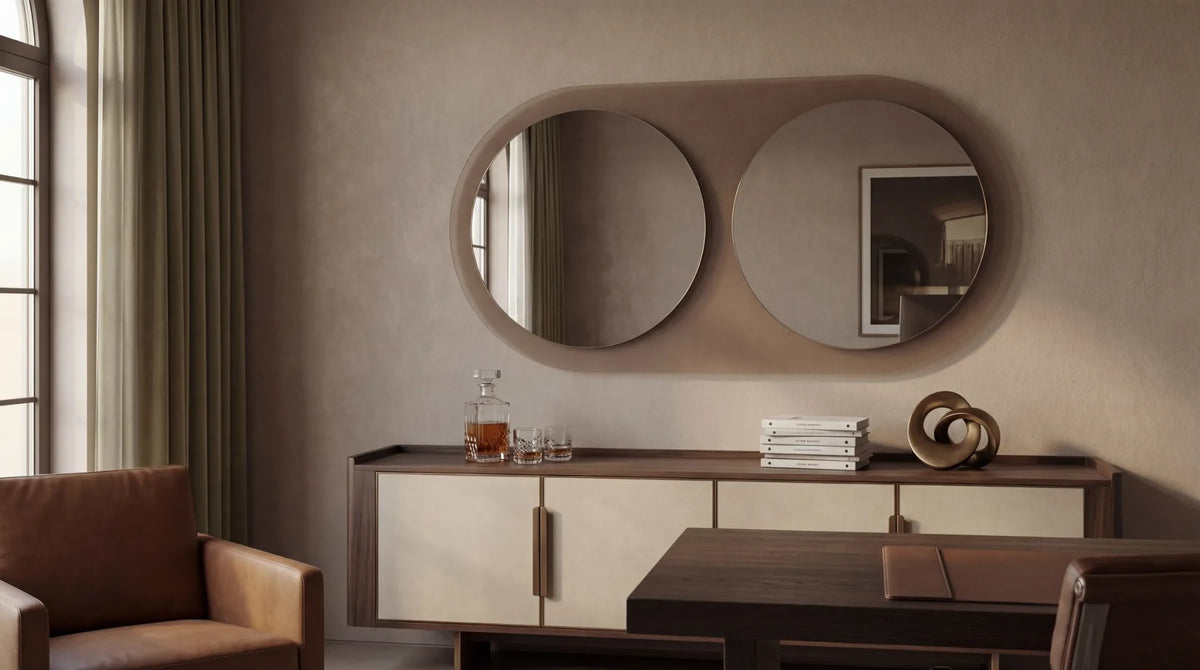Claris MERCURE mirror in a study, Gemini Collection, wide view