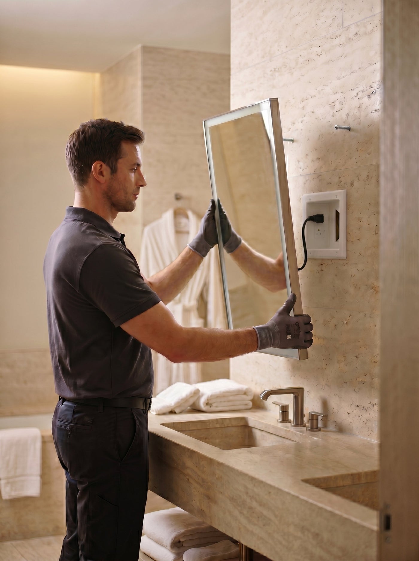 Person cleaning a bathroom mirror with a cloth