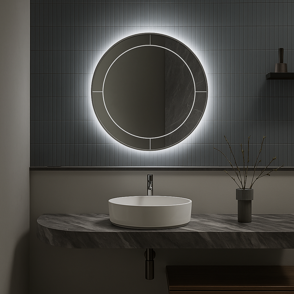 MOON round LED bathroom mirror with soft geometry. Claris Company.