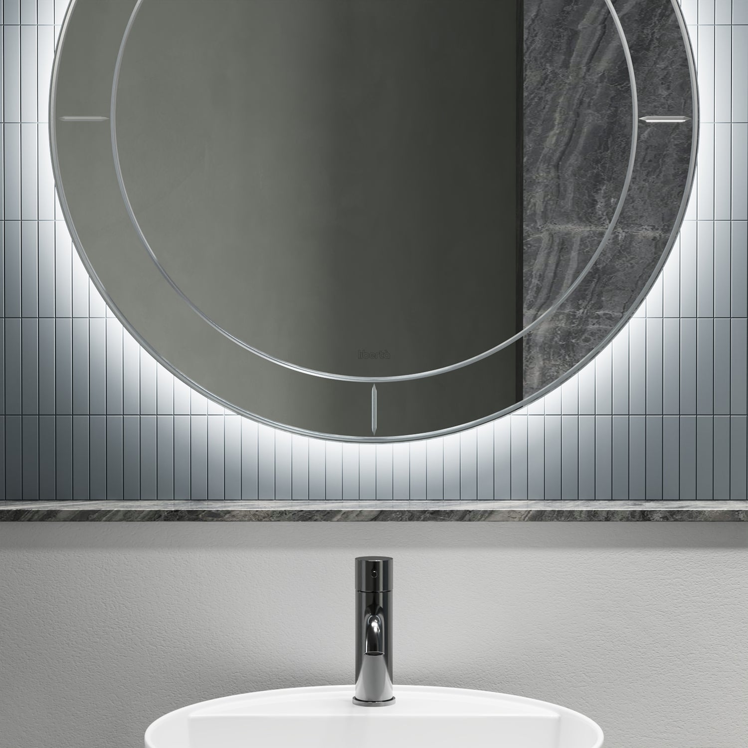 MOON circular LED bathroom mirror with balanced illumination. Claris Company.