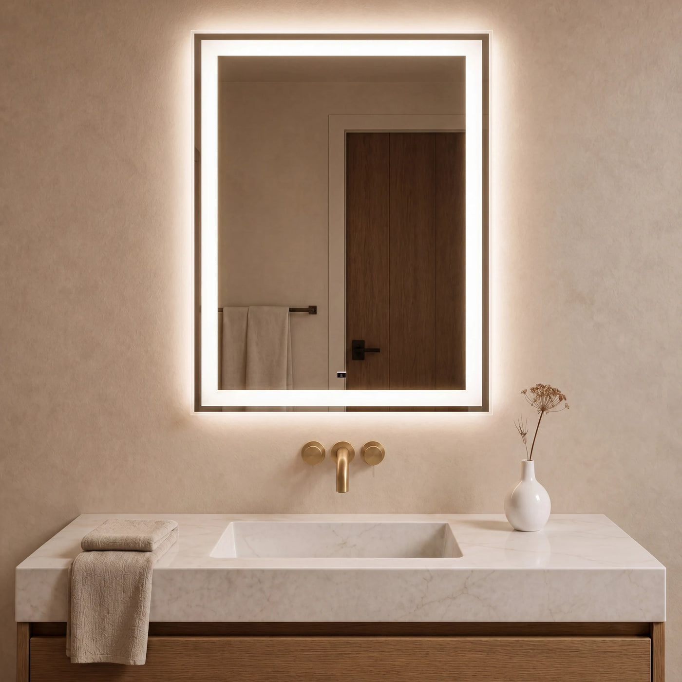 MORENO vertical pill-form mirror with warm LED halo, cream plaster bath with gold faucet and marble counter. Claris Company.