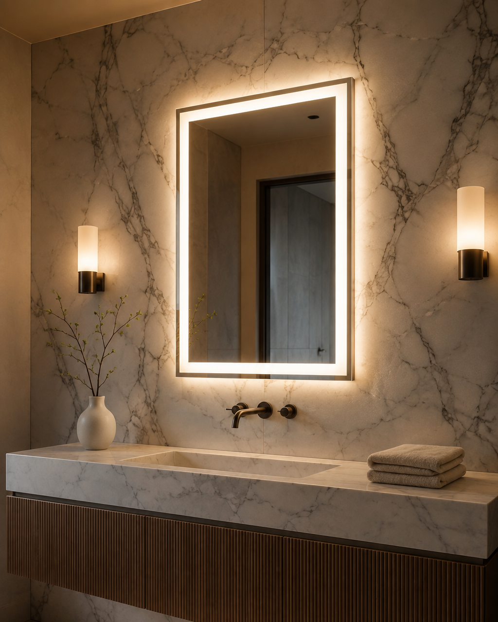 Claris MORENO LED mirror, bathroom scene, Radiance Collection